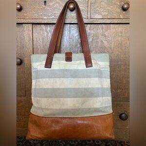 Fossil Austin Coated Canvas & Leather Striped Tote Bag Turn Lock Closure